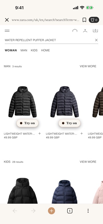 In-app store browser with try-on buttons